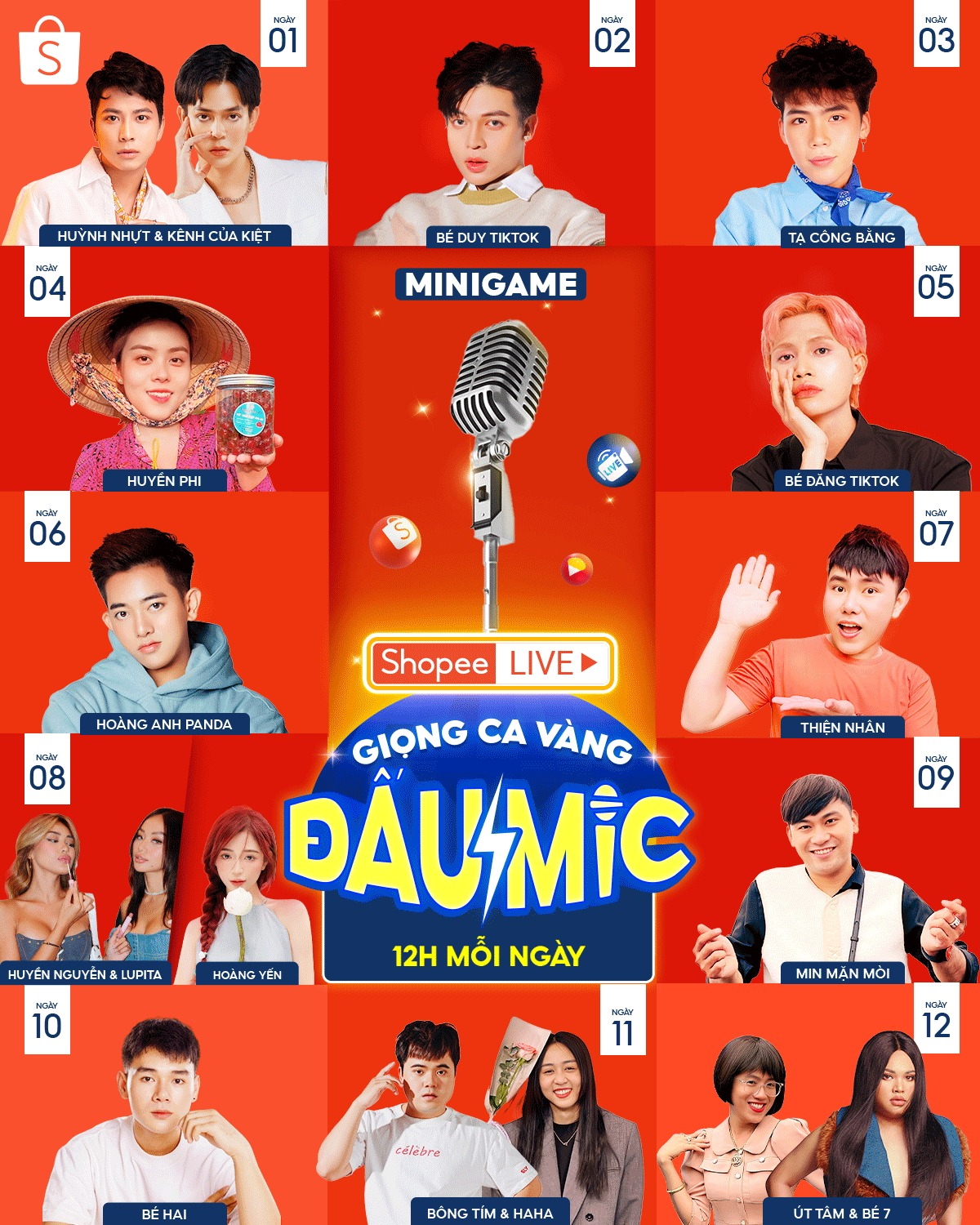 Shopee đã hé lộ đầy đủ line-up hoành tráng sẽ tham gia vào “Giọng ca vàng đấu mic” xuyên suốt 12 ngày livestream mừng sinh nhật.