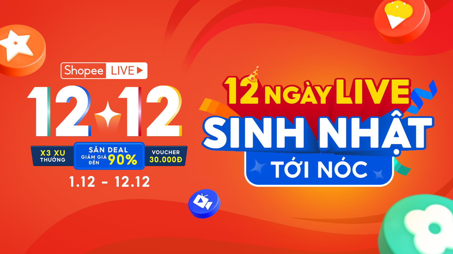 Diễn ra đều đặn vào 12H mỗi ngày từ 1.12 - 12.12, chuỗi “12 Ngày Live Sinh Nhật Tới Nóc” là một trong các sự kiện đặc biệt chào mừng cột mốc Shopee tròn 8 tuôi.