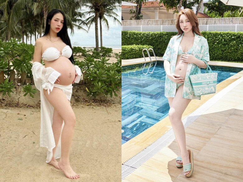 Đặc biệt, bộ đôi bà bầu này còn không ngại khoe bụng tròn xoe cùng bikini khiến nhiều người không khỏi trầm trồ.